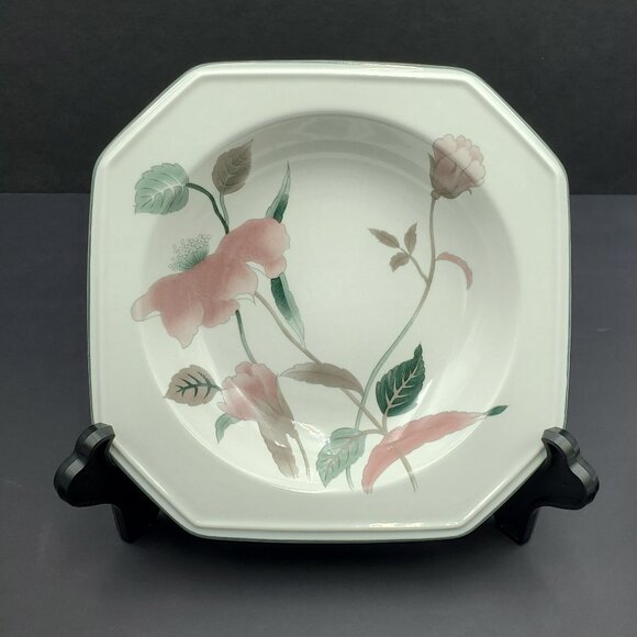 Mikasa Silk Flowers Rim Soup Bowls Pink Flowers on White Octagonal Bowls - Picture 3 of 5